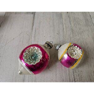 Radko shiny Brite double pink indent teardrop flocked Mercury glass ornament set